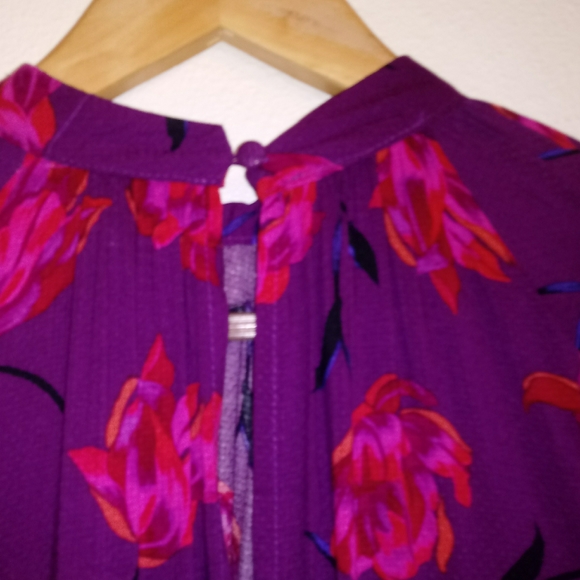 Purple Floral L/S Band Collar Midi Dress - Picture 3 of 14